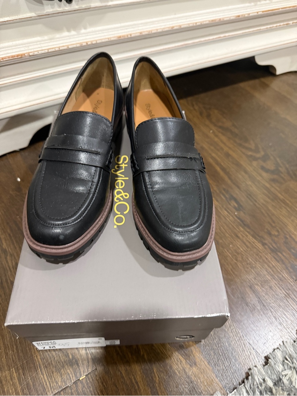Style & Co. Black Leather Lug-Sole Penny Loafers with Brown Trim